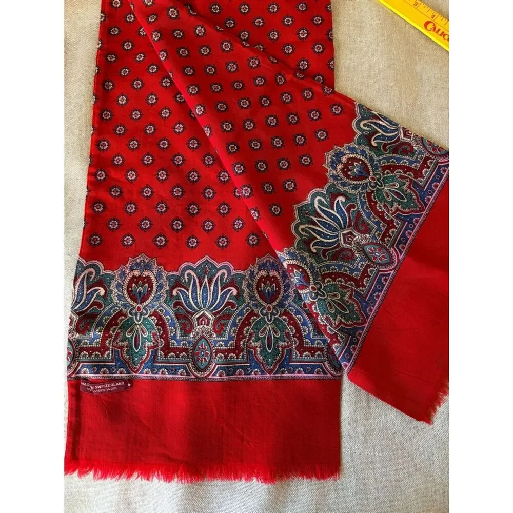 Vintage Men’s Swiss Wool Scarf Red Paisley Fringe